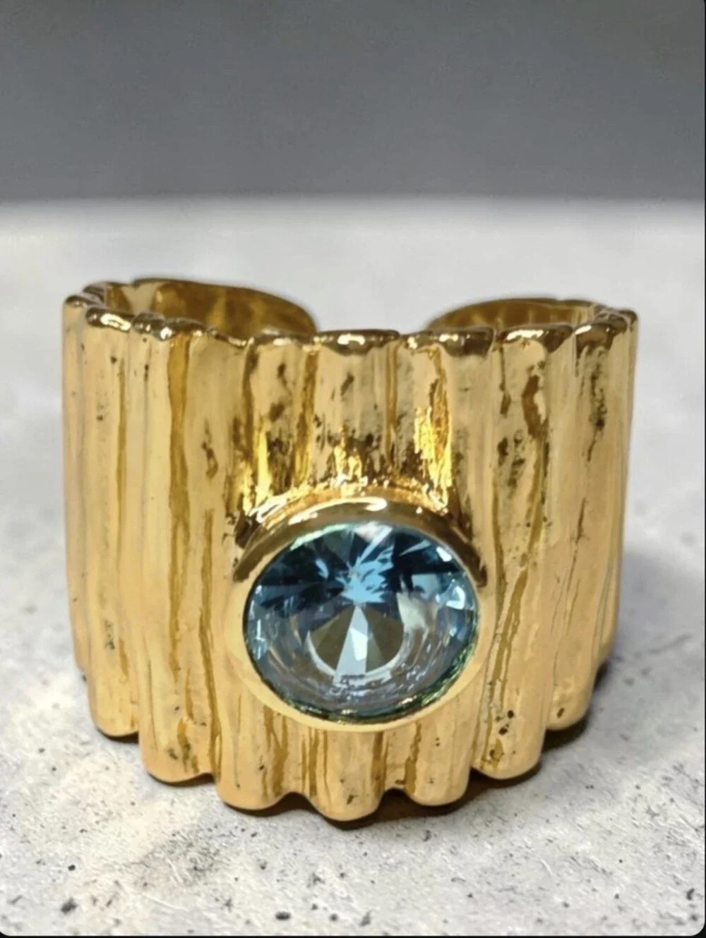 24k Gold Plated Artisan Wide Pleated Band Aquamarine Crystal Statememt Ring